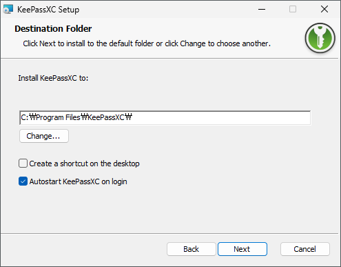 Sélection du chemin d'installation KeePassXC et paramètres d'option de démarrage automatique