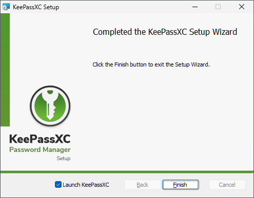 Installation de KeePassXC terminée et options de lancement