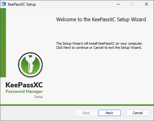 Écran de bienvenue de l'assistant d'installation KeePassXC