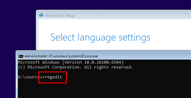 Ouverture de l'Éditeur du Registre depuis l'invite de commandes pendant l'installation de Windows 11
