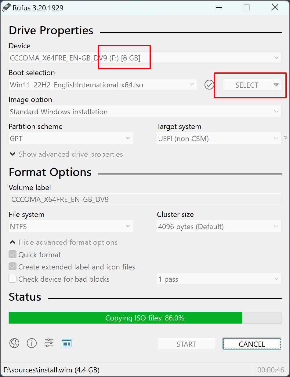 Écran des paramètres principaux de Rufus