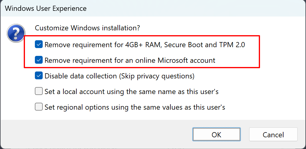 Paramètres d'expérience utilisateur Rufus
